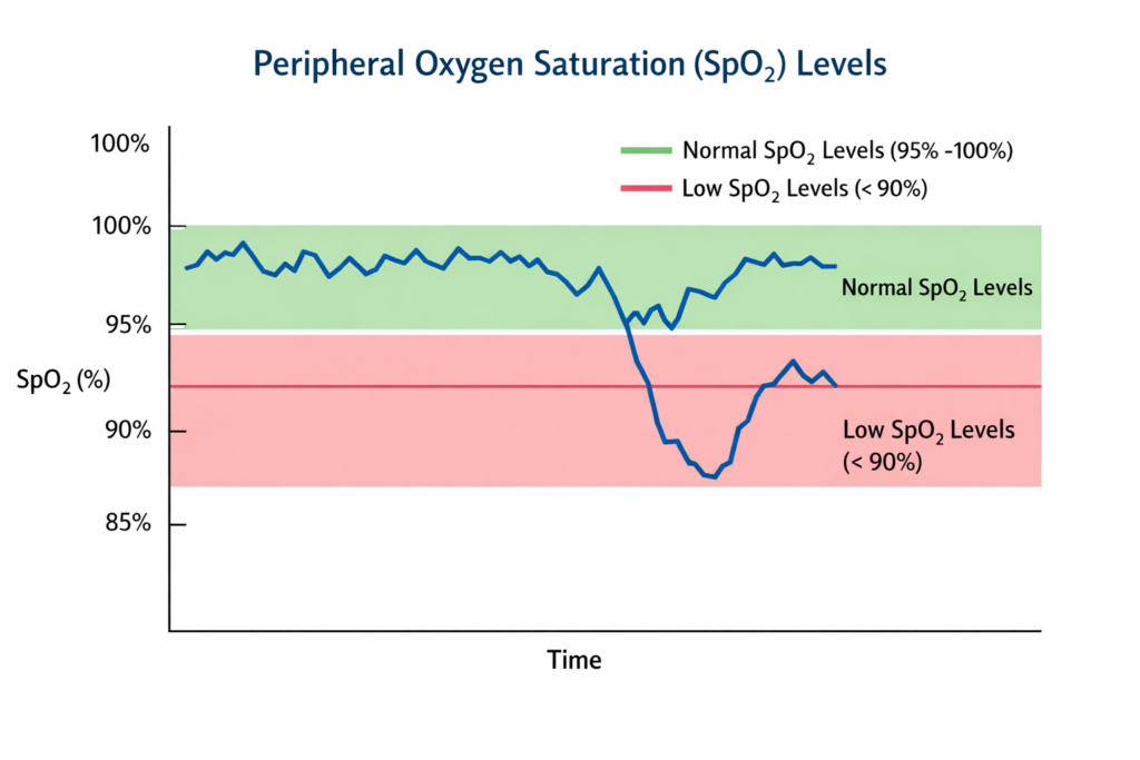 Peripheral oxygen saturation (SpO₂) chart showing normal range 95–100% and low oxygen levels below 90% over time.