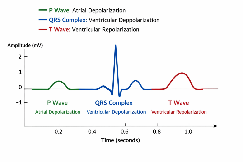 Labeled ECG waveform showing P wave atrial depolarization, QRS complex ventricular depolarization, and T wave ventricular repolarization over time.