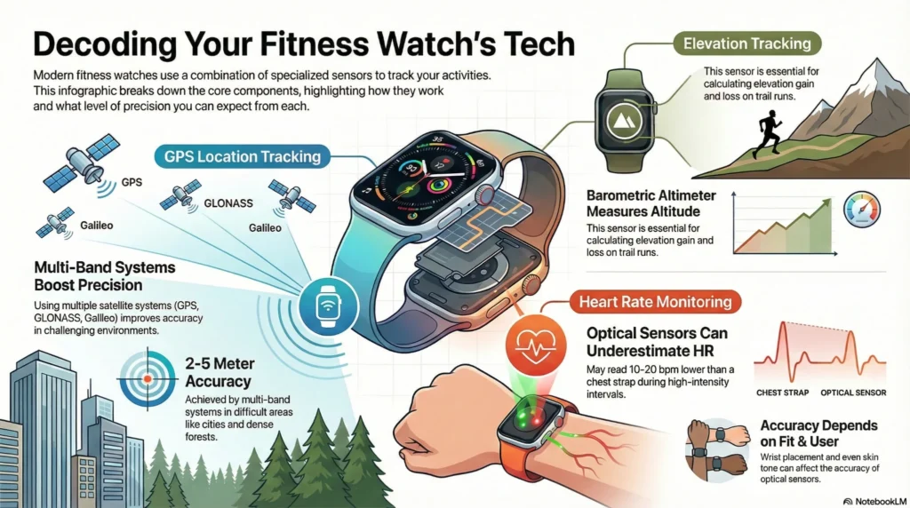 Infographic explaining fitness watch technology including GPS multi-band tracking, heart rate optical sensors, barometric altimeter, and elevation tracking.