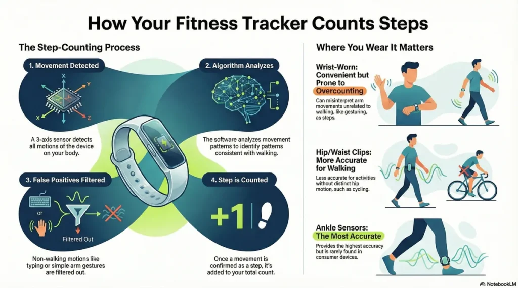 How fitness trackers count steps (infographic) Infographic showing how fitness trackers count steps and how wear location affects accuracy.