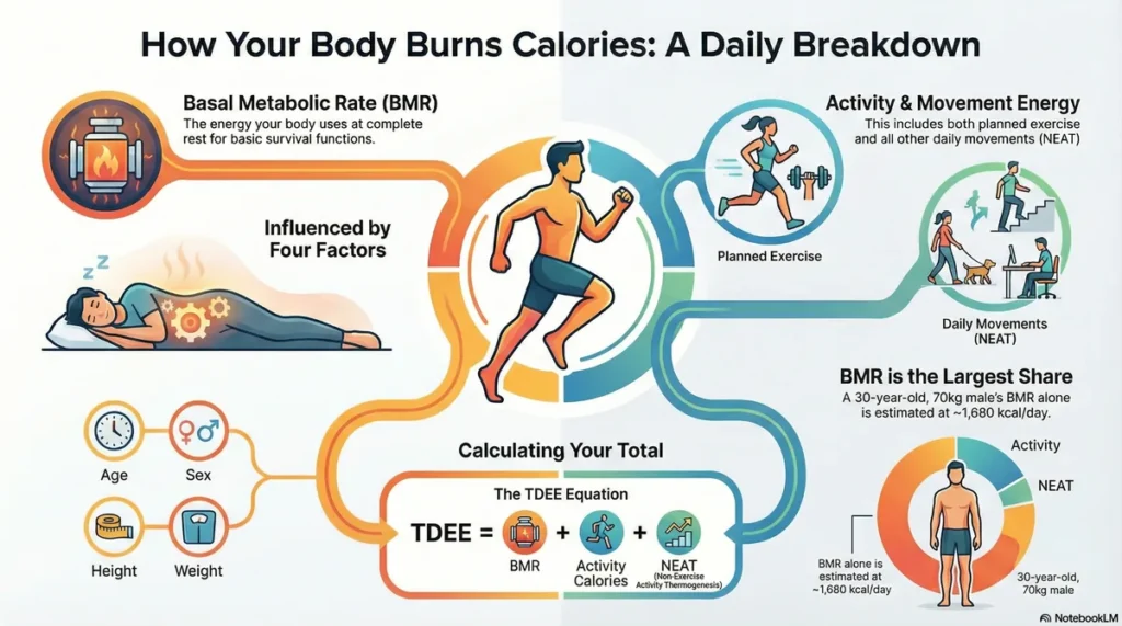 How your body burns calories: daily energy breakdown infographic Infographic explaining how the body burns calories through basal metabolic rate, activity, and daily movement.
