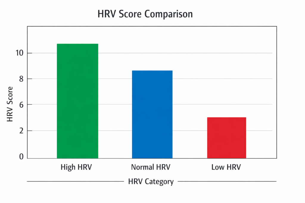 Bar chart comparing HRV score categories: high HRV, normal HRV, and low HRV for baseline interpretation and recovery status.
