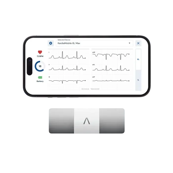 kardiamobile-6l-device-700w KardiaMobile 6L sensor and smartphone app displaying six ECG leads and real-time heart rate.