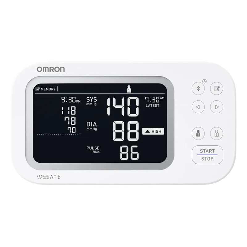 omron-platinum-bp5465-monitor-front-800w Omron Platinum BP5465 blood pressure monitor front view showing systolic, diastolic, and pulse readings.