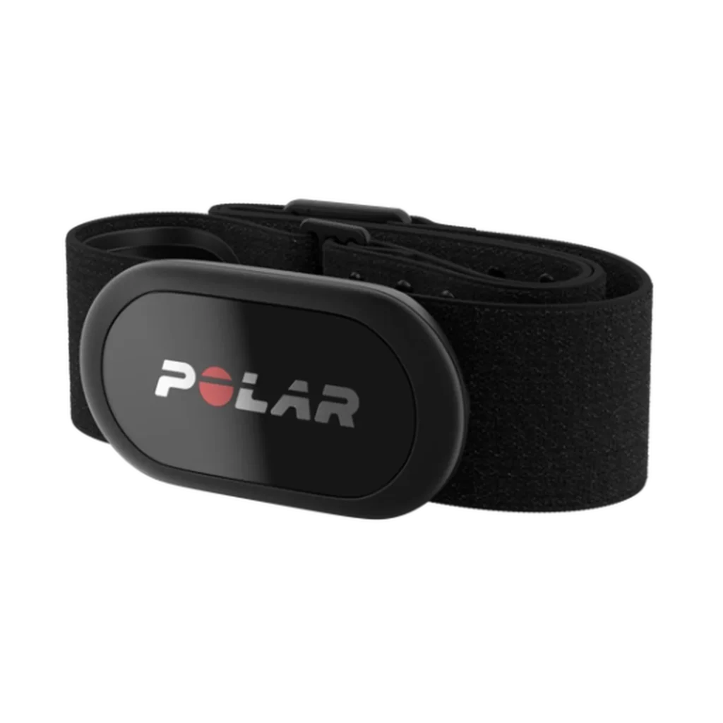 Polar chest-strap heart rate monitor — wearable HRM sensor Polar chest-strap heart rate monitor: sensor pod mounted on an adjustable strap for accurate heart rate and ECG capture.