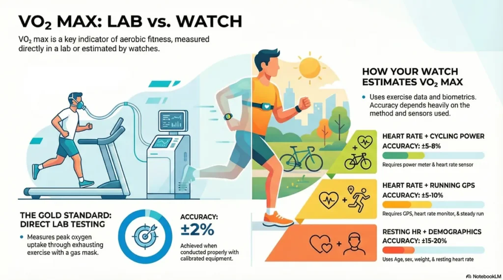 VO₂ max lab testing vs smartwatch estimates infographic Infographic comparing VO₂ max lab testing with smartwatch estimates and their accuracy ranges.