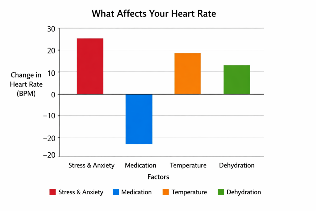 Bar chart showing how stress and anxiety, medication, temperature, and dehydration affect heart rate (BPM).