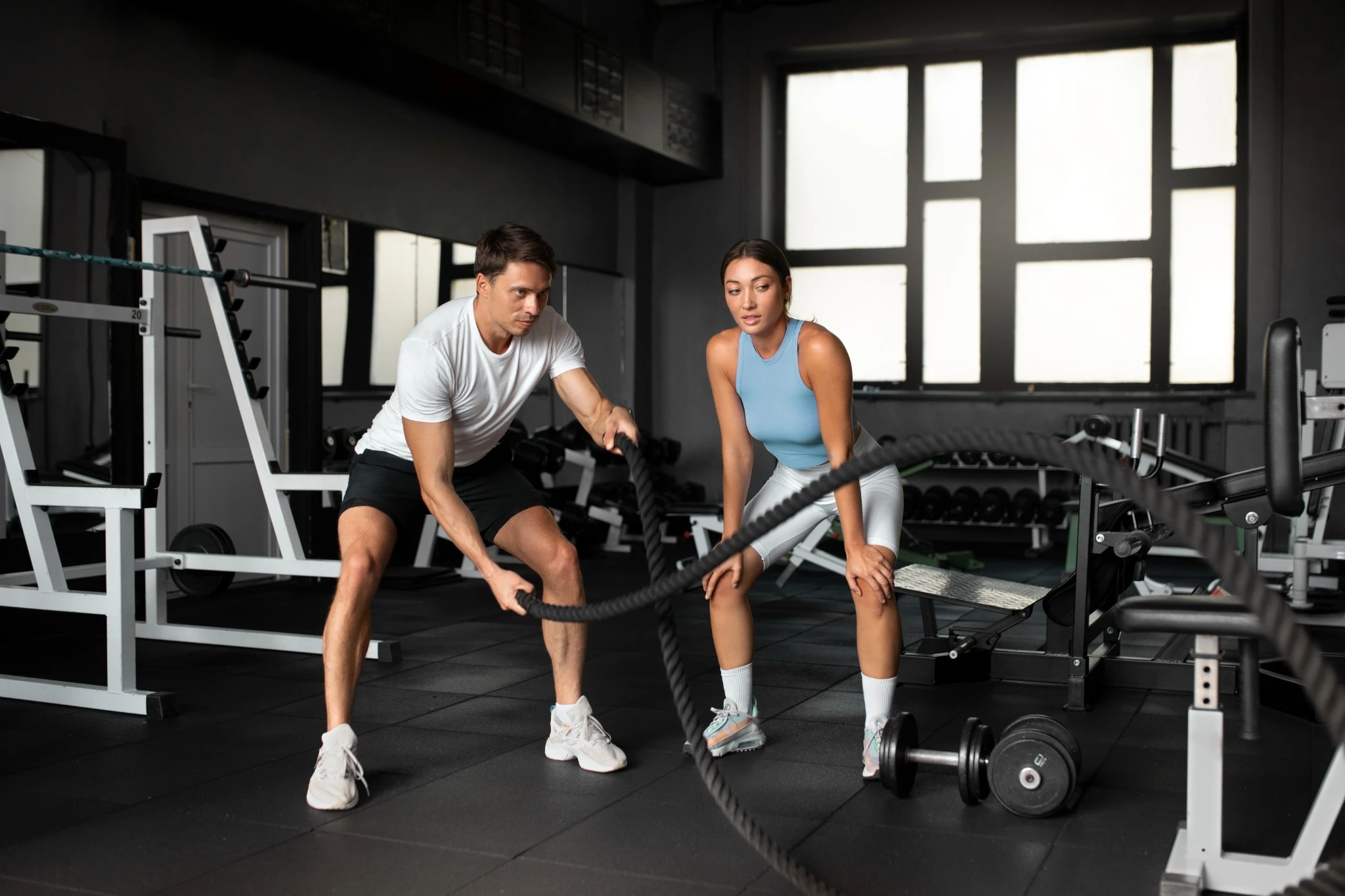 Two people performing a battle rope strength workout in a gym