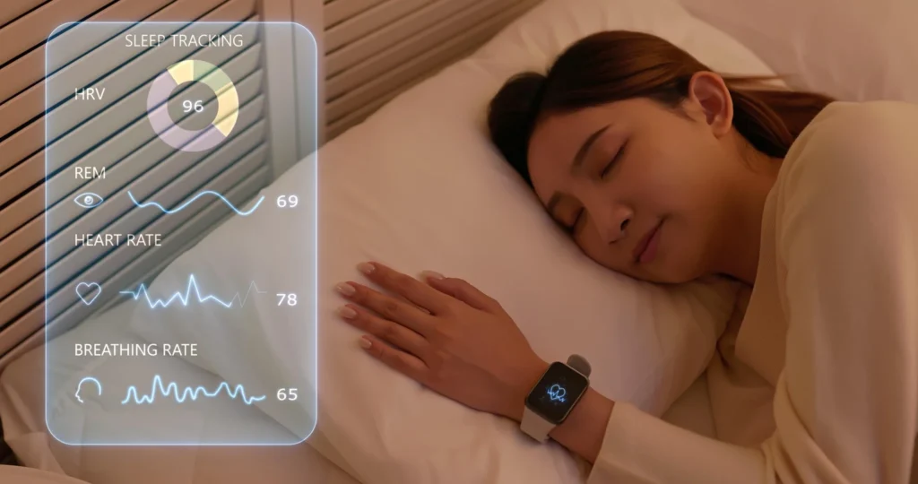 Wearable Sleep Tracker Monitoring HRV, REM, and Breathing Person sleeping while wearing a smartwatch that tracks HRV, REM sleep, heart rate, and breathing rate overnight.