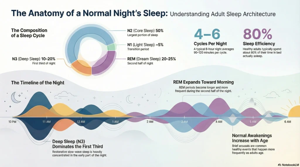 anatomy-normal-nights-sleep-infographic Infographic explaining the anatomy of a normal night’s sleep, showing N1, N2, N3 deep sleep, and REM stages, their percentages, cycle timing, and how REM sleep increases toward morning.