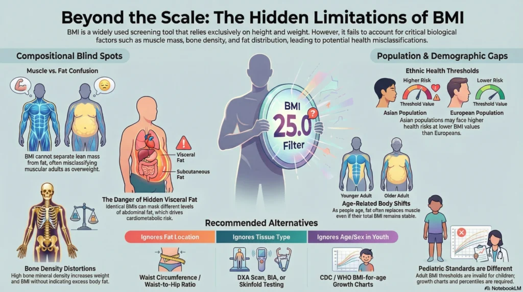 beyond-the-scale-bmi-limitations-infographic-2026 Infographic explaining BMI limitations including muscle vs fat confusion, visceral fat risk, demographic differences, and alternative measurements.