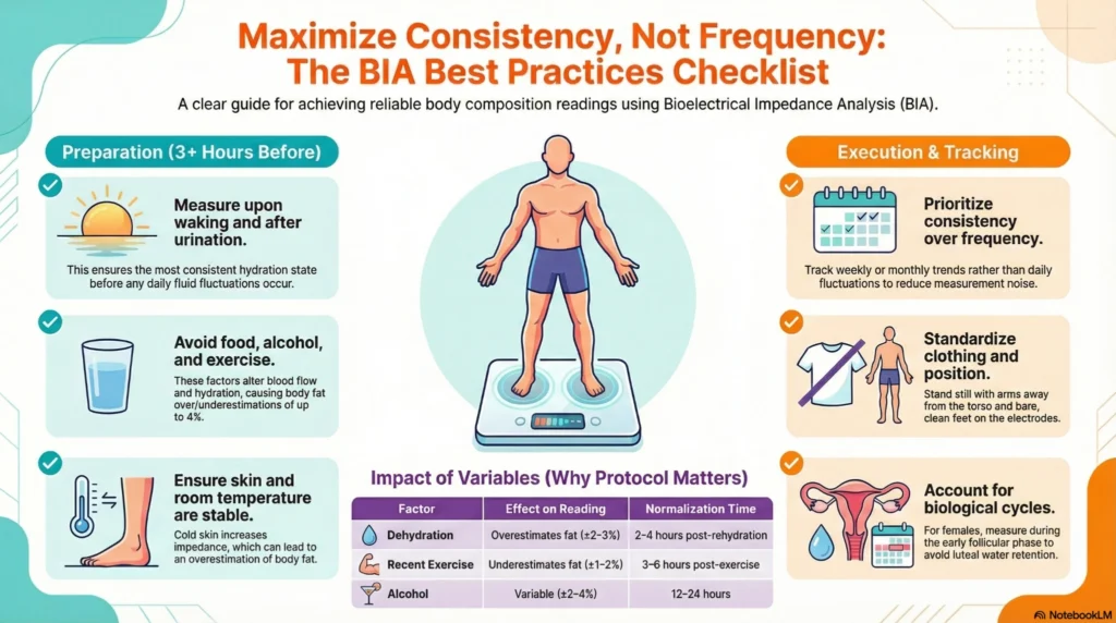 bia-best-practices-checklist-infographic Infographic showing bioelectrical impedance analysis best practices including hydration control, exercise timing, and consistent measurement protocols for Body Weight