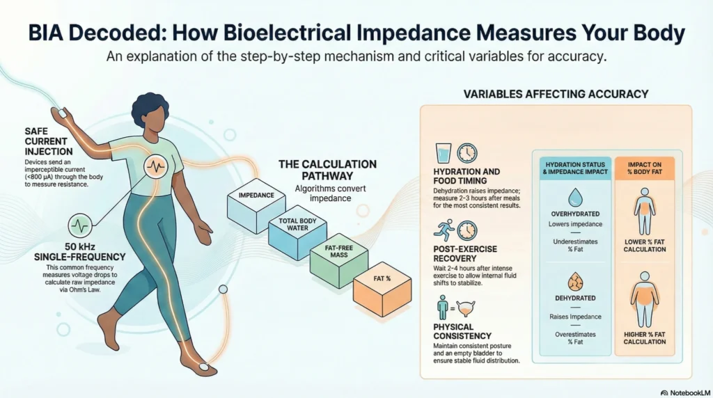 bia-decoded-bioelectrical-impedance-body-measurement-infographic-2026 Infographic explaining bioelectrical impedance analysis measuring body fat via impedance, hydration effects, total body water calculation, and accuracy variables.