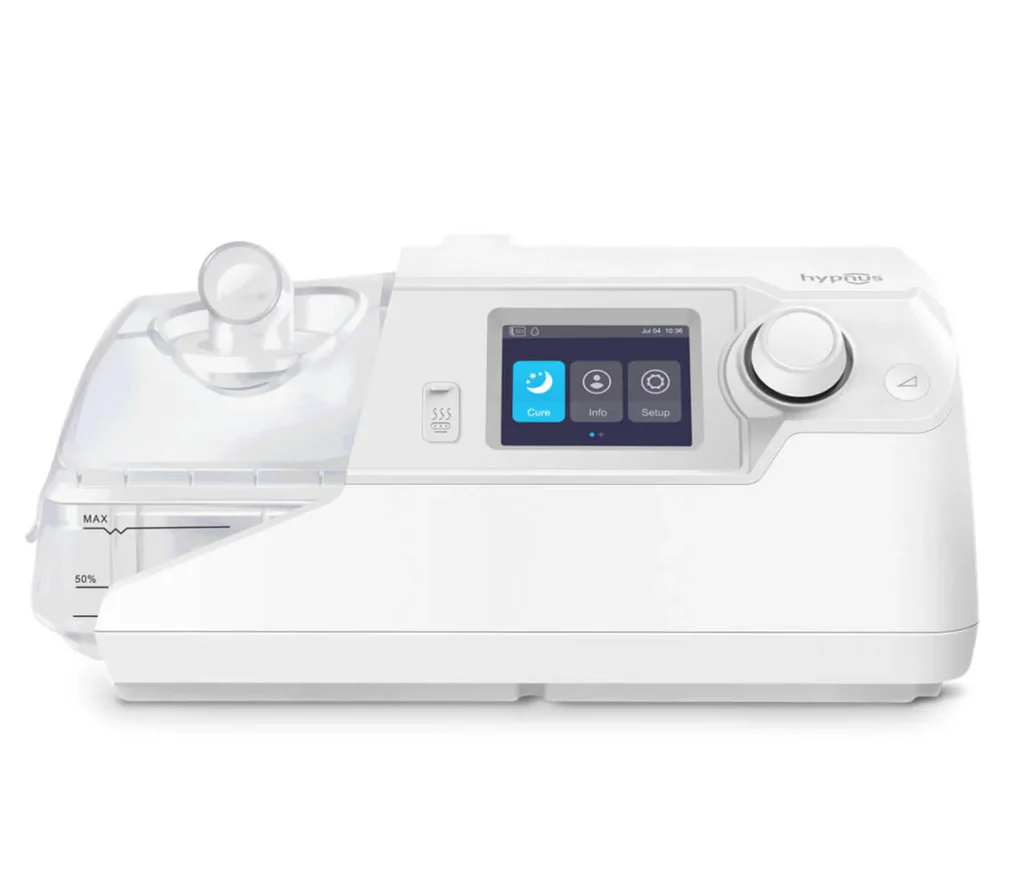BiPAP Machine for Advanced Sleep Therapy and Respiratory Support BiPAP machine device with humidifier chamber and control display for non-invasive ventilation therapy.