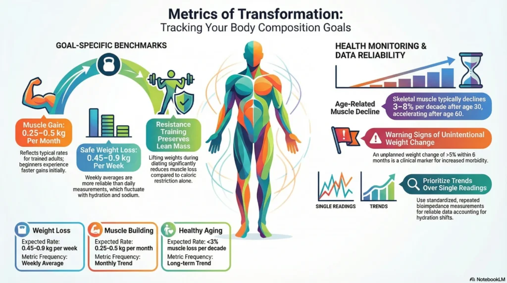 body-composition-goals-metrics-transformation-infographic-2026 Infographic showing body composition goals including safe weight loss 0.45–0.9 kg weekly, muscle gain 0.25–0.5 kg monthly, and age-related muscle decline trends.