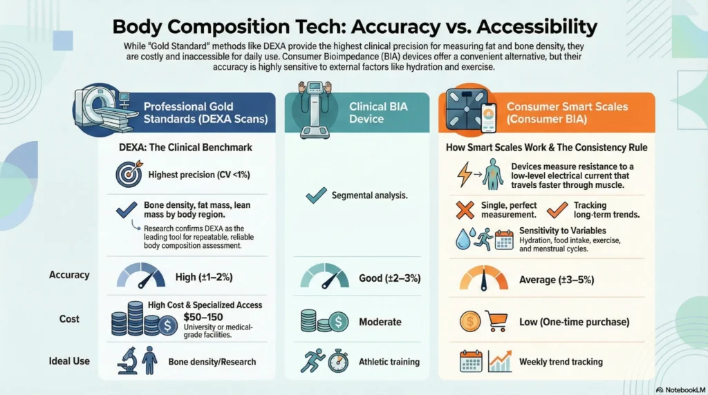 body-composition-tech-accuracy-vs-accessibility Infographic comparing DEXA scans, clinical BIA devices, and consumer smart scales for body composition accuracy, cost, and ideal use.