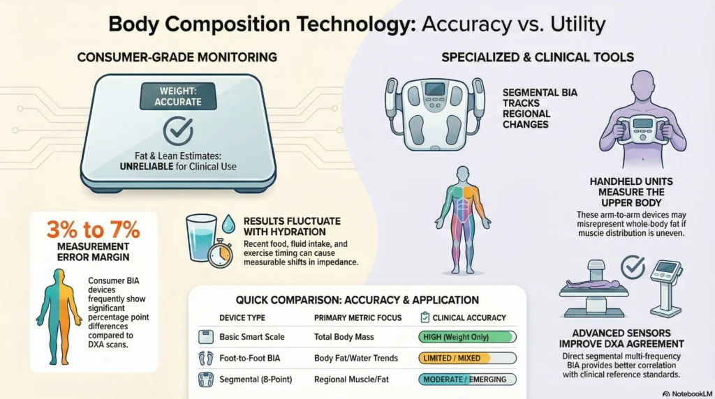 body-composition-technology-accuracy-vs-utility-infographic-2026 (1) Infographic comparing consumer BIA smart scales and clinical body composition tools, showing 3–7% error margin and improved accuracy with segmental multi-frequency devices.