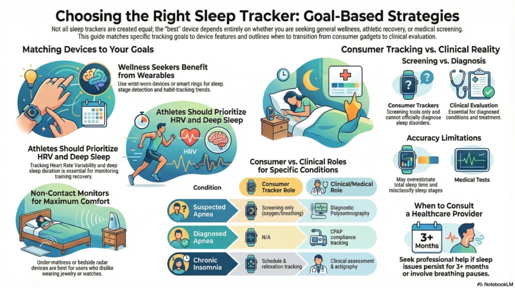 choosing-right-sleep-tracker-goal-based Infographic comparing sleep trackers by goal, showing when to use consumer wearables, non-contact sleep monitors, or clinical sleep studies for wellness, athletic recovery, insomnia, and sleep apnea.