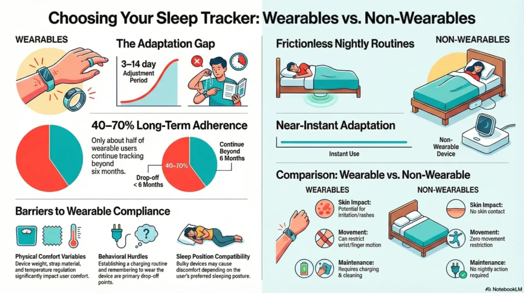 choosing-sleep-tracker-wearables-vs-non-wearables Infographic comparing wearable and non-wearable sleep trackers, highlighting comfort, adherence, adaptation time, and usability.