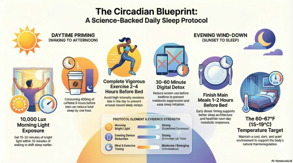 circadian-blueprint-daily-sleep-protocol-infographic Infographic showing a circadian blueprint for sleep, outlining morning light exposure, daytime exercise and caffeine timing, evening digital detox, meal timing, and optimal bedroom temperature.