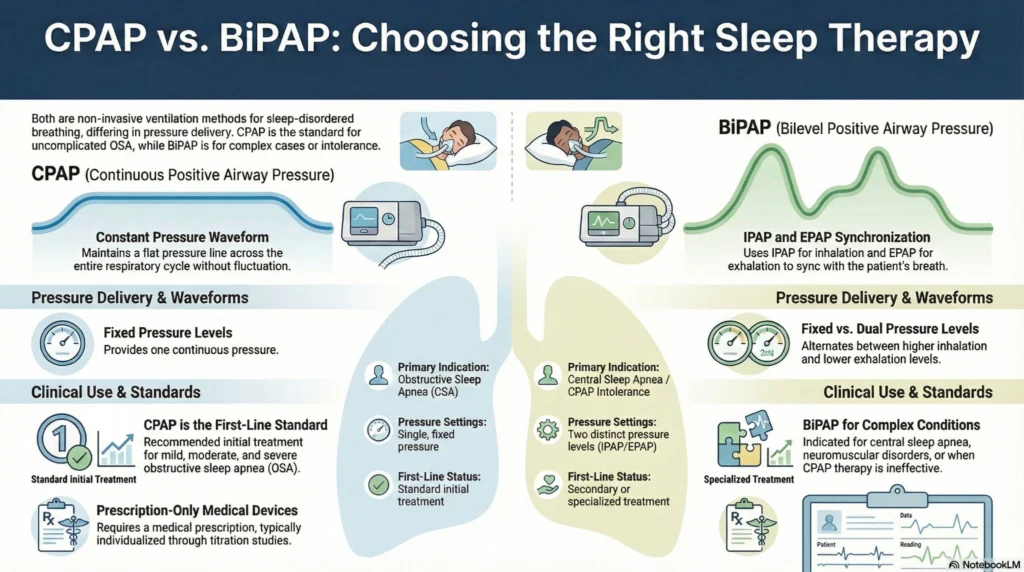 cpap-vs-bipap-sleep-therapy-comparison CPAP vs BiPAP sleep therapy comparison infographic showing pressure waveforms, clinical indications, and treatment differences for sleep apnea