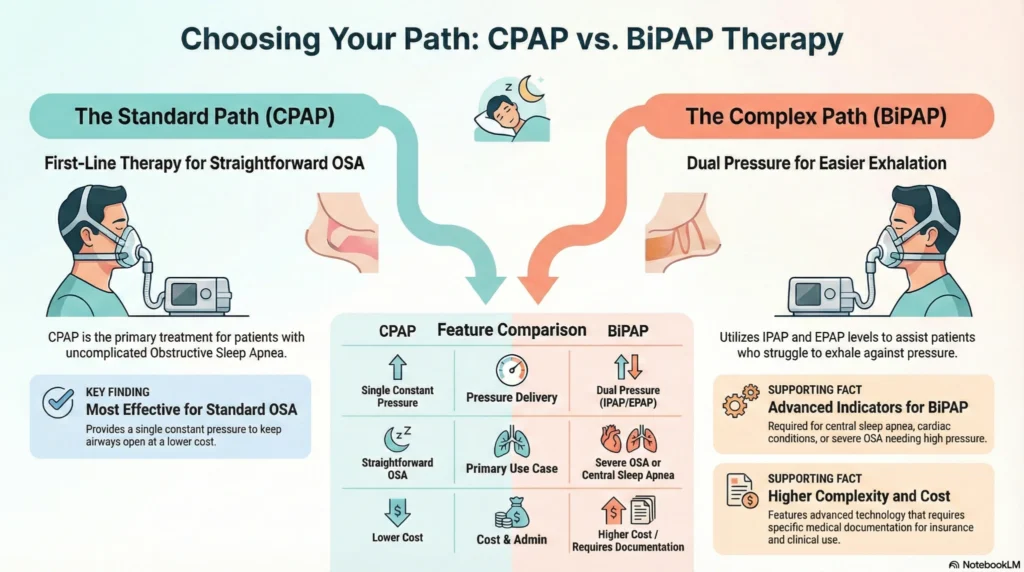 cpap-vs-bipap-therapy-comparison-infographic Infographic comparing CPAP and BiPAP therapy for sleep apnea, showing pressure delivery, primary use cases, complexity, and cost differences.