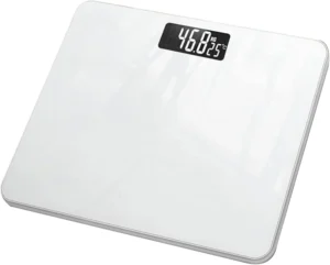 digital-bathroom-scale-smart-scale-weight-measurement-2026 White digital bathroom smart scales with LCD display showing body weight measurement on glass platform.