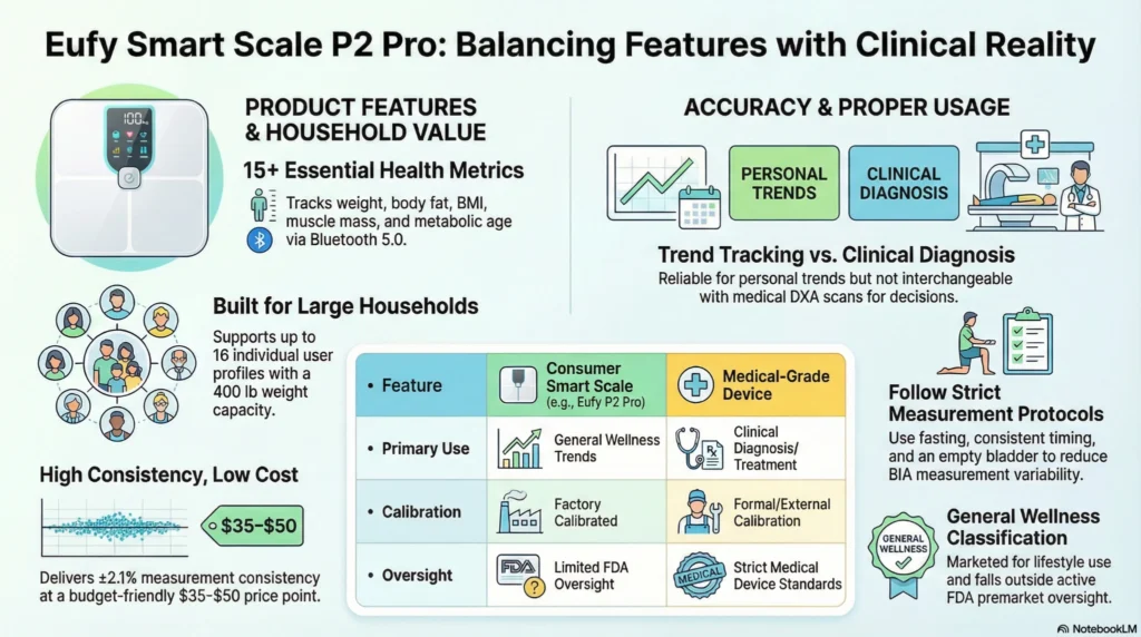 eufy-smart-scale-p2-pro-clinical-comparison Infographic reviewing Eufy Smart Scale P2 Pro features, accuracy standards, household capacity, and comparison between consumer smart scales and medical-grade body composition devices.