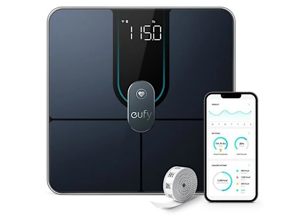 eufy-smart-scale-p2-pro-product-image Eufy Smart Scale P2 Pro black glass body composition scale displayed with smartphone app dashboard and measuring tape.