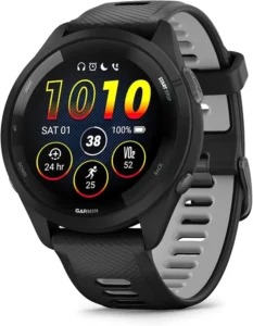garmin-fitness-watch-amoled-performance Garmin fitness watch with round AMOLED display showing heart rate, VO₂ max, steps, and battery status, designed for running and performance training.