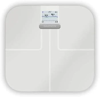 garmin-index-smart-scale-white Garmin Index smart scale in white with digital display and body composition measurement sensors.