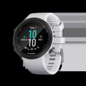 garmin-swim-2-whitestone-gps-watch Garmin Swim 2 GPS watch in Whitestone color with round display showing swim metrics, steps, distance, and battery status.