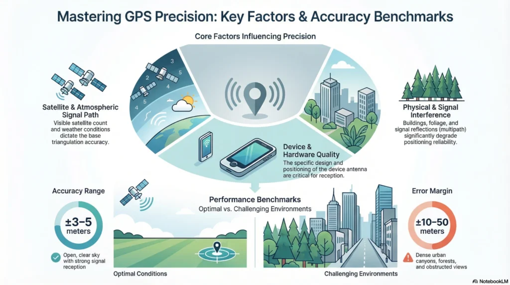 Infographic explaining GPS precision, showing how satellite visibility, device hardware, and environmental interference affect accuracy ranges in open areas versus urban environments.