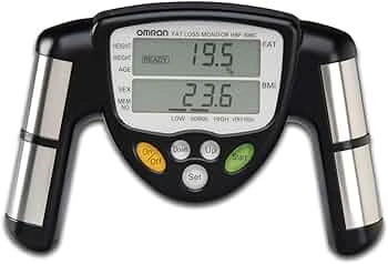 handheld-bia-body-fat-analyzer-device-2026 Handheld bioelectrical impedance body fat analyzer with dual metal grips and LCD display showing body fat and BMI measurements.