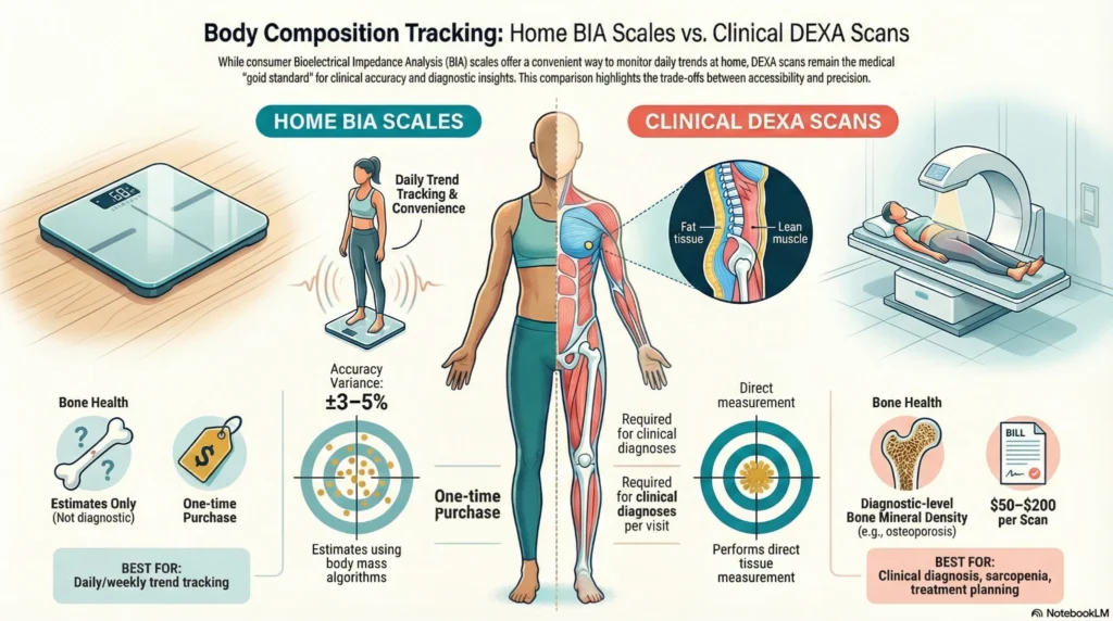 home-bia-vs-dexa-body-composition-tracking-infographic-2026 Infographic comparing home BIA body fat scales and clinical DEXA scans, showing ±3–5% variance for BIA and direct tissue measurement with DEXA.