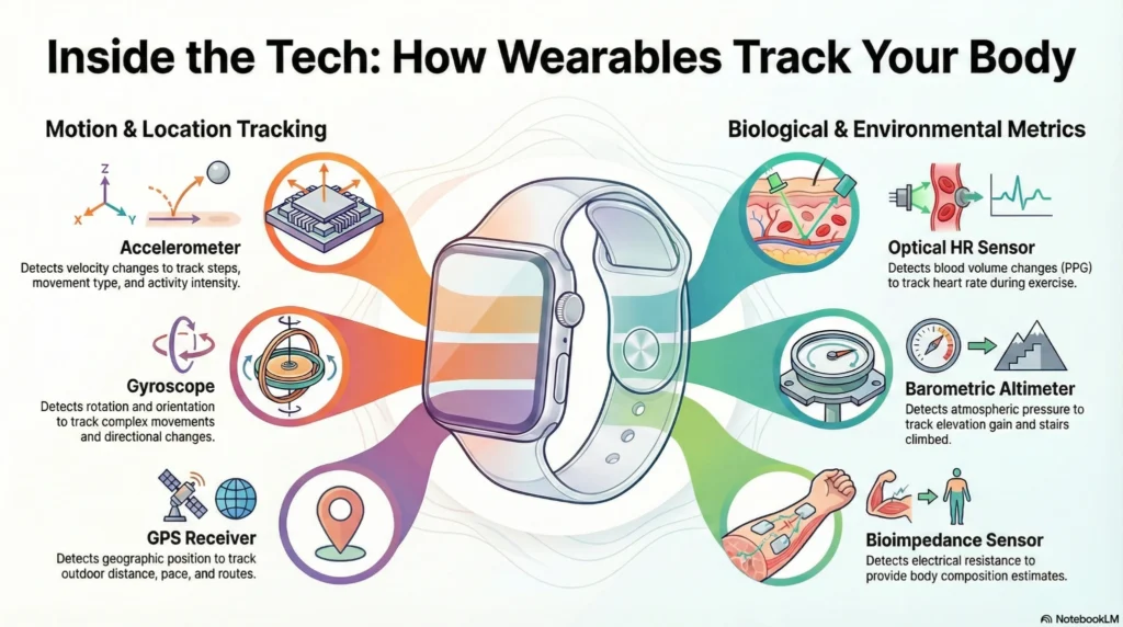 Infographic showing how wearable devices track the body using sensors such as accelerometer, gyroscope, GPS, optical heart rate, barometric altimeter, and bioimpedance.