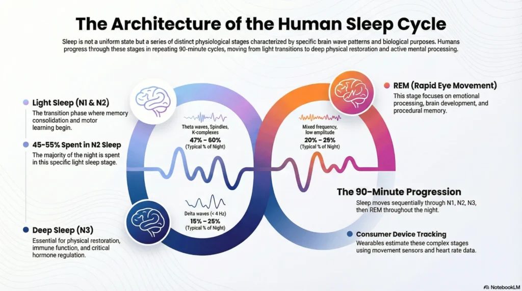 human-sleep-cycle-architecture-infographic Diagram illustrating the architecture of the human sleep cycle, showing N1 and N2 light sleep, N3 deep sleep, REM sleep, and their typical percentages across repeating 90-minute cycles.
