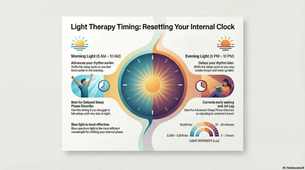 light-therapy-timing-reset-internal-clock-infographic Infographic explaining light therapy timing, showing how morning and evening light exposure affects circadian rhythm, sleep phase shifts, and internal clock reset.