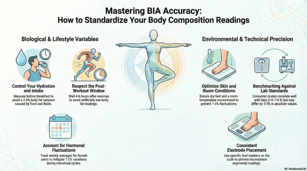 Infographic explaining how to standardize bioelectrical impedance body composition measurements including hydration control, post workout timing, room conditions, and consistent electrode placement.
