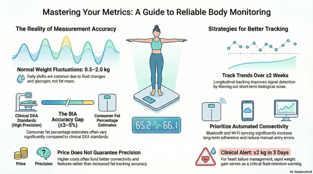 mastering-your-metrics-reliable-body-monitoring Infographic explaining best smart scales accuracy limits, normal weight fluctuations, BIA error range, DXA comparison, and strategies for reliable body composition tracking over time.