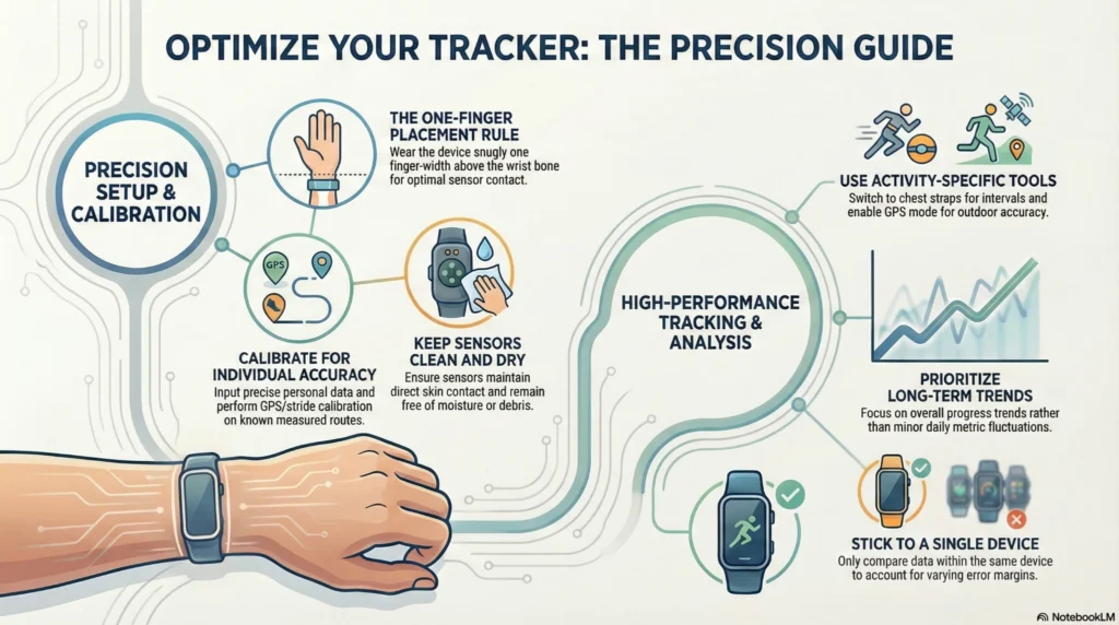 Infographic showing how to optimize fitness tracker accuracy, including wrist placement, calibration, sensor care, activity-specific settings, and long-term trend analysis.