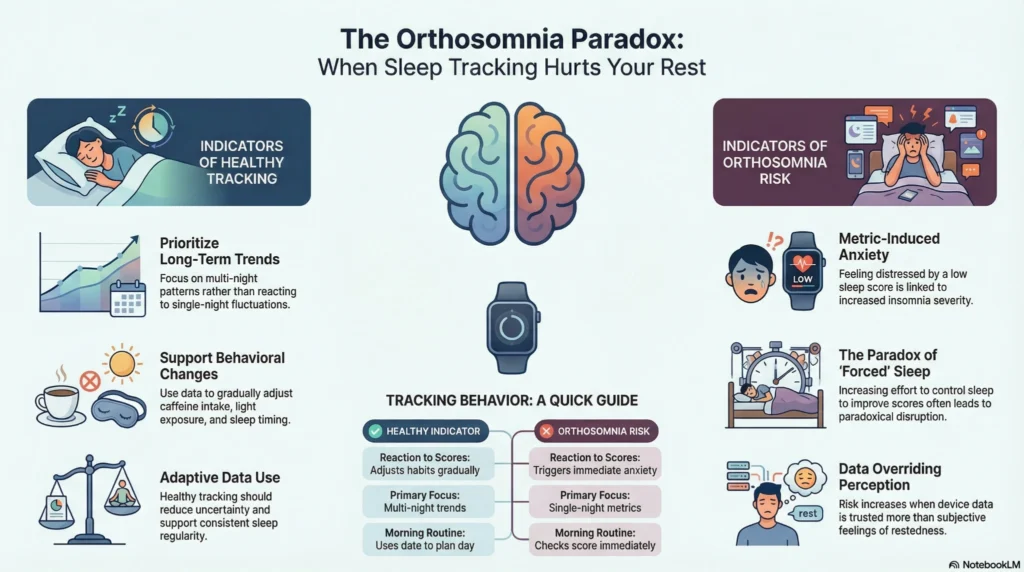 Infographic explaining orthosomnia risk, showing how sleep tracking anxiety, score obsession, and data overreliance can negatively affect sleep quality.