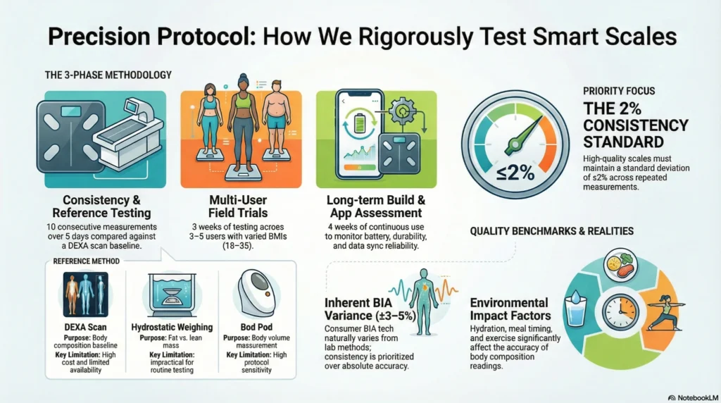 precision-protocol-smart-scale-testing Infographic showing a 3-phase precision testing protocol for smart scales including consistency testing, multi-user trials, long-term app assessment, and a 2 percent consistency standard benchmarked against DEXA scans.