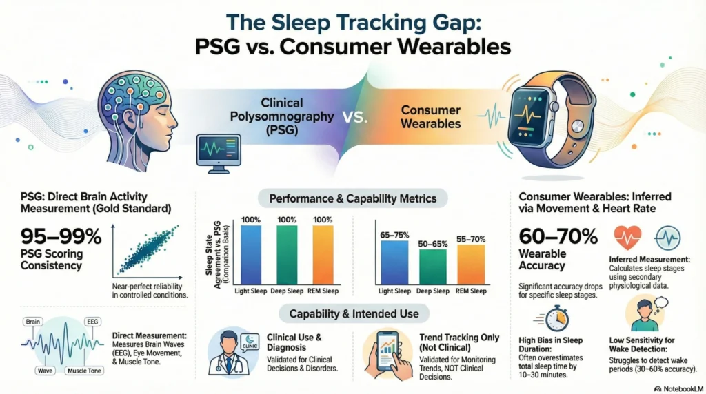 Infographic comparing polysomnography (PSG) and consumer wearables for sleep tracking accuracy, showing 95–99% PSG consistency vs 60–70% wearable accuracy.
