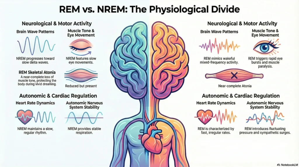 rem-vs-nrem-physiological-divide-infographic Diagram comparing REM and NREM sleep, showing differences in brain wave activity, muscle tone, eye movement, heart rate, and autonomic nervous system regulation.