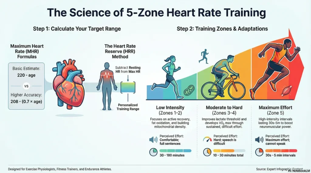The science of 5-zone heart rate training infographic Infographic explaining the science of 5-zone heart rate training, target heart rate calculation, and training adaptations.