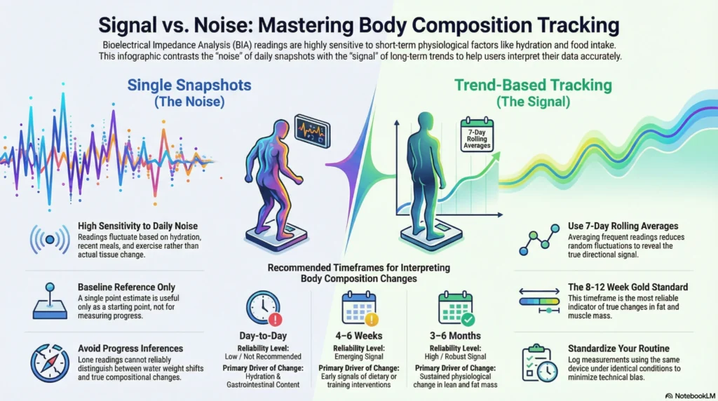 signal-vs-noise-body-composition-tracking-infographic-2026 Infographic comparing daily body composition fluctuations with long term trends using rolling averages and standardized measurement routines.