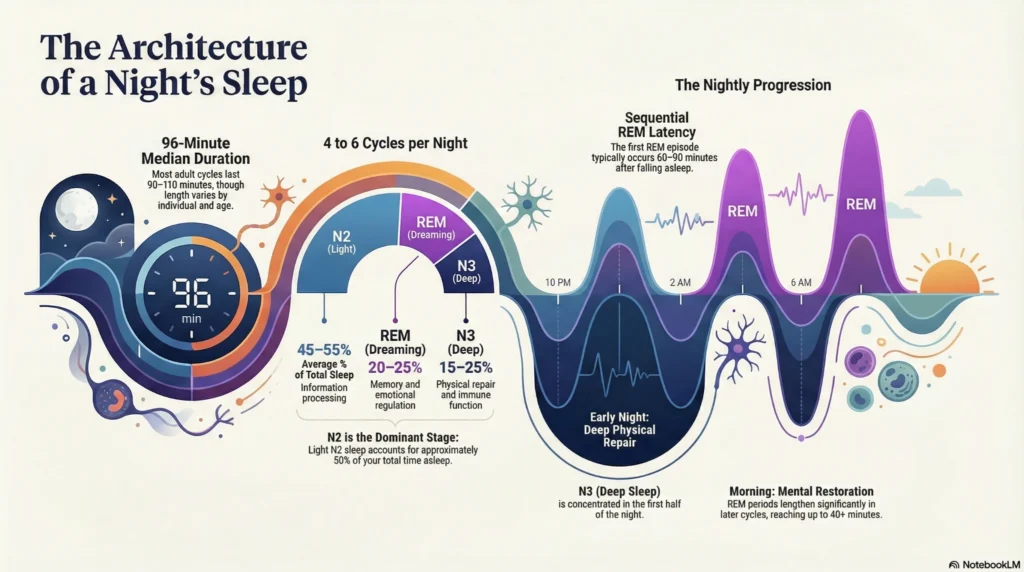 Infographic showing sleep architecture with 96-minute cycles, REM, N2 light sleep, N3 deep sleep stages, and nightly progression from 10 PM to 6 AM.