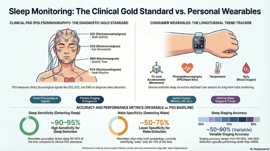 Infographic comparing clinical polysomnography (PSG) and consumer wearables for sleep monitoring, showing EEG, EOG, EMG signals and accuracy metrics.