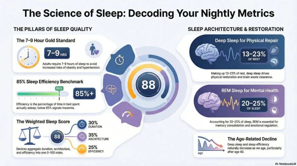 Infographic explaining sleep science metrics including sleep score, efficiency benchmark, deep sleep 13–23%, REM 20–25%, and 7–9 hour sleep duration standard.
